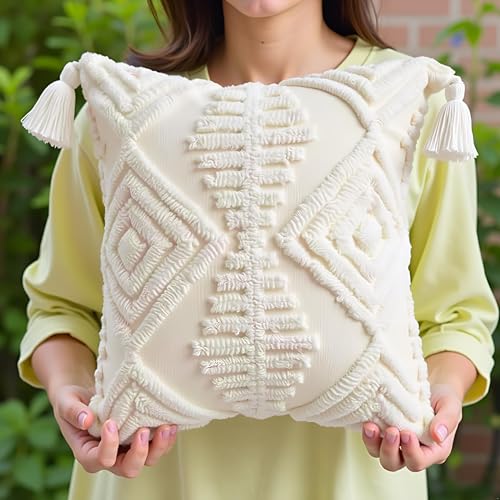 Boho Throw Pillows, 18x18 Pillow Covers,Bohemian Cushion Case, Textured Moroccan Throw Pillow Cover,Decorative Farmhouse Neutral Pillowcase for Couch Sofa Bedroom Living Room Home Decor White - color: Boho Cream, size: 18" x 18" (Pack of 1)