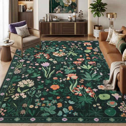 8x10 Area Rugs for Living Room, Machine Washable Rug Vintage Large Soft Boho Floral Rug, Low Pile Non-Slip Indoor Carpets for Bedroom Dining Room Farmhouse Nursery Playroom Home Office, Dark Green - color: Dark Green Floral, size: 8' x 10' (Rectangular)