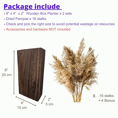 LaLaGreen Wood Wall Planters (8 Inch, 2 Pack) 16 Stalks of Pampas Grass Dried Flower, Wooden Box Vases for Indoor Hanging Planter Rustic Decor Home Living Room Bathroom Modern Farmhouse Decoration - color: Pampas Grass