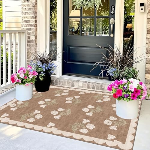 3x5 Floral Entry Rug - Small Washable Indoor Outdoor Mats for Front Door Non-Slip Porch Rug Tan Boho Neutral Farmhouse Throw Rugs for Living Room Bedroom Entryway Kitchen Office Porch Decor - color: Flower - Brown, size: 3' x 5' (Rectangular)