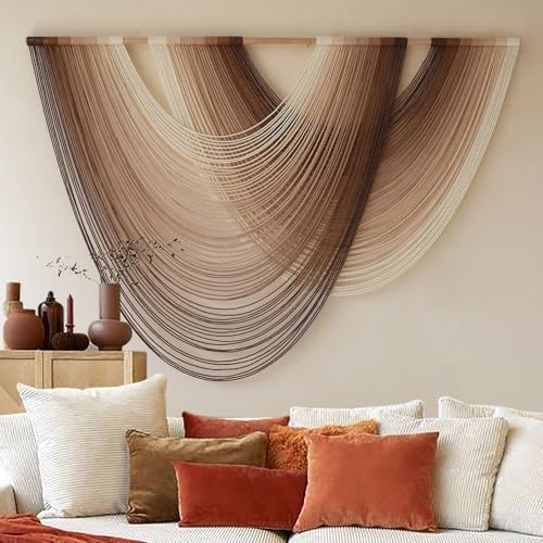 Macrame Wall Hanging Dip-Dye Boho Home Decor Fiber Wall Art Craftsmanship Bedroom Livingroom 57" W x 39" L - color: Ivory Brown