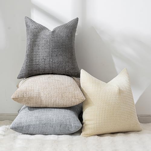 Pack of 4 Throw Pillow Covers 16x16 inch Beige Dark Gray Boho Cushion Covers Decorative Farmhouse Pillow Covers for Couch Bed Sofa Living Room Home Decor Soft Square Pillowcase - color: Beige/Dark Gray, size: 16" x 16" (Pack of 4)