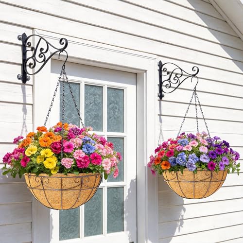 3 Pack 13.5 Inch Hanging Baskets for Plants Outdoor - Metal Hanging Planters for Outdoor Plants with Coco Liners - Heavy Duty Empty Hanging Flower Pots for Porch Patio Garden - size: 13.5 Inch