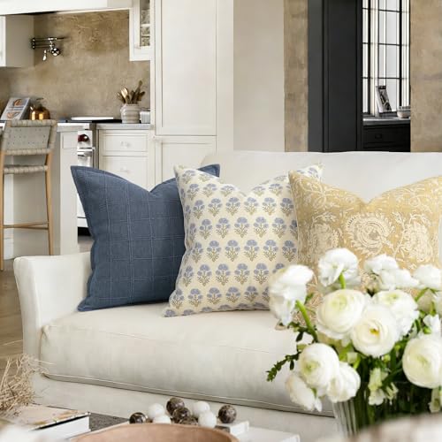 Farmhouse Floral Pillow Covers 20x20 Set of 2, Country Botanical Throw Pillow Cover for Sofa Couch Bed Living Room, Rustic Vintage Flower Cushion Covers Cottage Home Decor,Blue Mustard - color: Blue Mustard, size: 20" x 20" (Pack of 2)