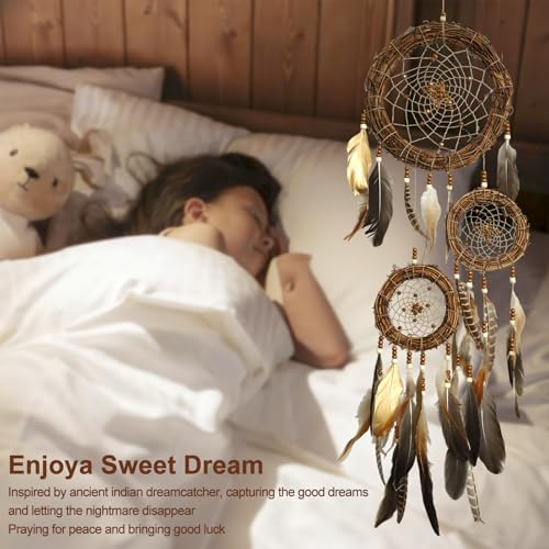 Dream Catcher Native American Boho Dreamcatcher Rattan Wall Decor, Handmade Natural Goose Feathers Large Dream Catchers Hanging Ornament Indian Decor for Bedroom Living Room (Dark Brown Mix) - color: Dark Brown Mix