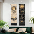 seewan 2 Pack Long Vertical Wall Tapestry, Boho Nature Landscape & Floral Aesthetic Wall Hanging for Bedroom Living Room Home Decor, Long Narrow Art Tapestry with Sunrise Mountain Botanical Designs, 13" × 51" (Celestial Sun Motif, 13"Wx51"H, Unframed) - c