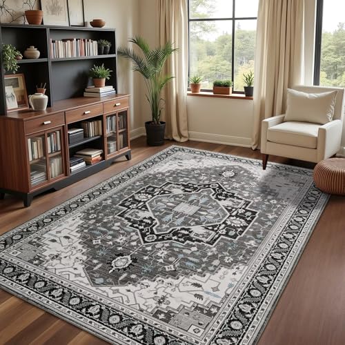 Macgace 3x5 Black Grey Area Rug for Living Room, Machine Washable Rugs with Non-Slip Backing for Bedroom, Vintage Medallion Carpet Kitchen Laundry Kids Room Decor - color: Black & Grey, size: 3' x 5' (Rectangular)