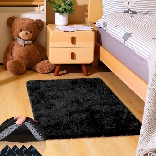 2x3 Black Rug for Bedroom Living Room, Fluffy Small Area Rug Soft Shag Carpet for Kids Boys and Girls Room with 4 Rugs Non-Slip Stickers Dorm Home Decor (2ft x 3ft) - color: Black, size: 2' x 3' (Rectangular)