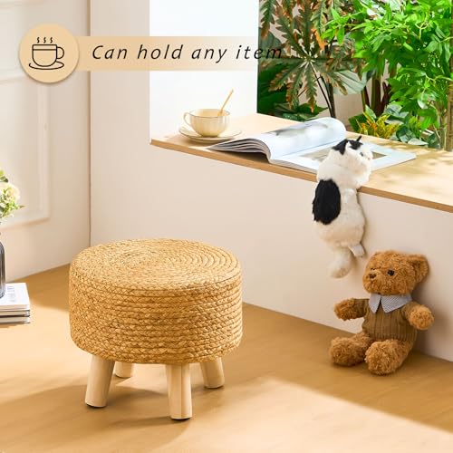 Handwoven Round Ottoman, Natural Water Hyacinth Outdoor Patio Pouf Seagrass Low Stool with Wood Legs, Soft Padded Footrest for Living Room Bedroom Garden, Natural - color: Natural, size: 13"D x 13"W x 10.6"H