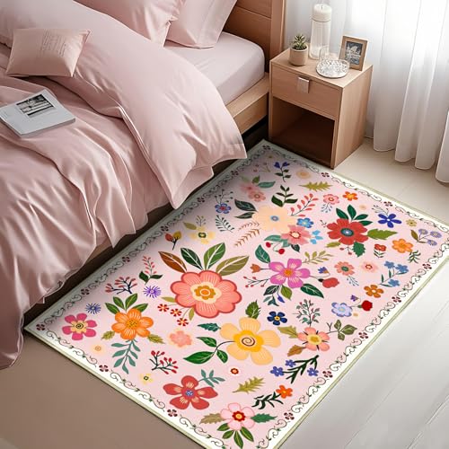 2x3 Feet Floral Area Rug Non-Slip Low Pile Soft Washable Pink Rug for Girls' Rooms, Bedroom, Entryway, Kitchen – Lightweight Easy Clean Modern Decorative Carpet - color: Floral, size: 2'x3'