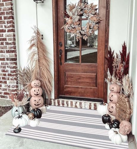 Grey and White Striped Doormat 24'' x 35'' Front Porch Rug Machine Washable Indoor Outdoor Doormat for Front Porch Hand-Woven Entryway Rug for Laundry/Bathroom/Bedroom - color: Grey White, size: 2' x 3' (Rectangular)