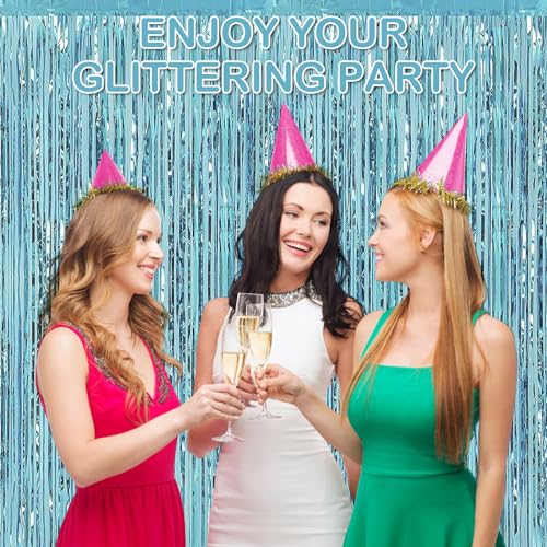 30 Pack Light Blue Foil Fringe Curtain Backdrop, 3.3x8.2 Feet Metallic Tinsel Streamer Curtains Photo Booth Props for Baby Shower/Bachelorette/Graduation/Birthday/Ocean Theme Party Decorations - color: Light Blue