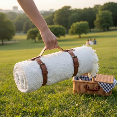 Frienda 72 x 92 Inch Large White Outdoor Picnic Blanket Woven Cotton Yarn Blanket with Fringe and Leather Storage Strap Boho Decor Camping Lawn Wedding Photoshoot Beach Park Grass - color: White, size: 72 x 92 Inch
