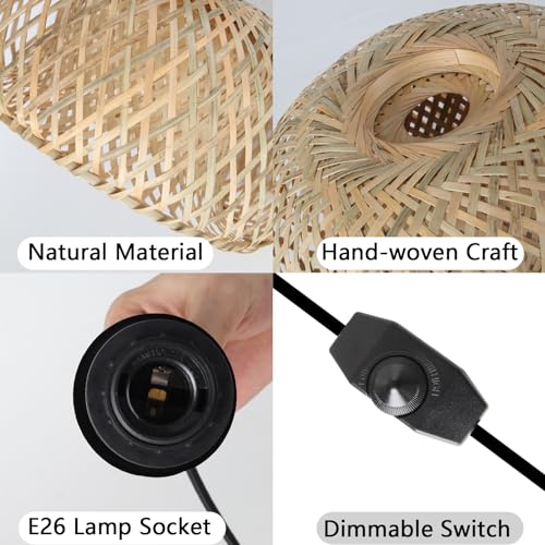 HuisMier Dimmable Plug in Pendant Light Rattan Hanging Lights with 15 Ft Plug in Cord, Handmade Bamboo Lampshade Boho Hanging Light Fixture for Kitchen Island Dining Room Bedroom - color: Natural Bamboo