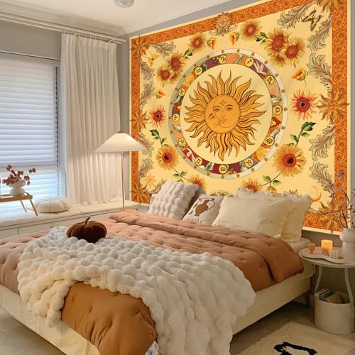 Apdidl Boho Sun and Moon Yellow Tapestry for Bedroom, Vintage Indie Hippie Orange Wall Tapestries, Nature Sunflower Blanket Cute Wall Hanging, Butterfly Moth Aesthetic Art Decor for Living Room 51" X 60" - color: Yellow Sun Tapestry, size: 60"L x 51"W