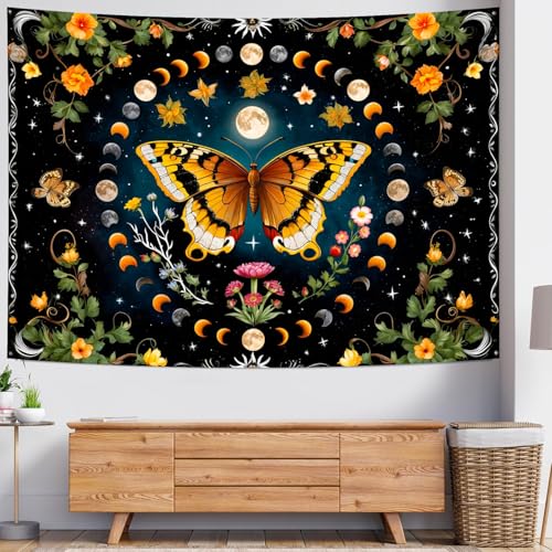 Delur Butterfly Moon Flower Tapestry Botanical Floral Plant Boho Tapestry Wall Hanging Mandala Aesthetic Mushroom Retro Vintage Headboard for Bedroom Living Room Home Decor (70.8" x 92.5") - color: Butterfly Moon, size: 70.8"L x 92.5"W
