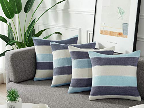 AmHoo Pack of 2 Farmhouse Stripe Check Throw Pillow Covers Set Case Cotton Linen Decorative Pillowcases Cushion Cover for Couch Bench Sofa 20x20Inch Blue Beige - color: Blue Beige, size: 20" x 20" (Pack of 2)