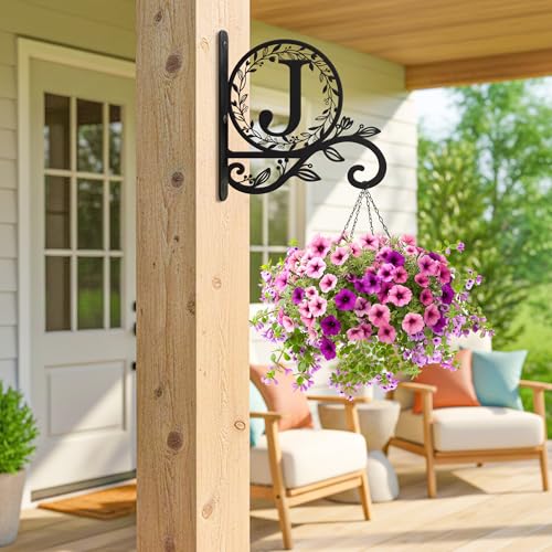 Metal Initial Letter J Plant Hanger Bracket, Decorative Wall Mount Hanging Plant Hook, Monogram Floral Leaf Garden Decor for Hanging Baskets, Bird Feeders, Lanterns, Wind Chimes - style: J