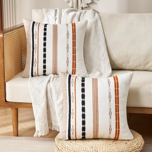 Boho Pillow Covers 18x18 Square Farmhouse Decorative Cushion Case Striped Square Cushion Cover Cozy Soft Neutral Throw Western Pillows Protector Modern Decorative for Couch Sofa Bed, Set of 2 - color: Orange