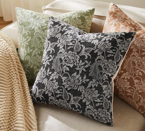 Floral Jacquard Throw Pillow Covers Set of 2, Background/Charcoal 18x18 Inch, Farmhouse Decorative Cotton Dark Grey Cushion Covers for Sofa Bed Living Room Home Decor - color: Background/Charcoal, size: 18" x 18" (Pack of 2)