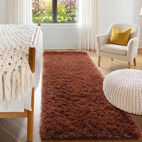 ONASAR Brown Runner Rugs for Bedroom Living Room, Fluffy 2x6 Bedside Hallway Area Rug, Ultra Soft Plush Furry Faux Fur Non Slip Floor Carpet for Nursery Kids Dorm Closet Home Decor - color: Brown, size: 2' x 6' (Runner)