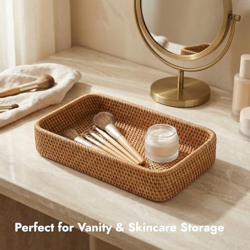 9.8" x 5.3" Rattan Tray, Wicker Decorative Tray, Woven Tray Rectangular, Natural Vanity Tray, Catchall Organizer Storage for Bathroom Kitchen Counter Entryway Coffee Bar Nightstand (Rectangular S) - color: Natural S (9.8×5.3×1.5")