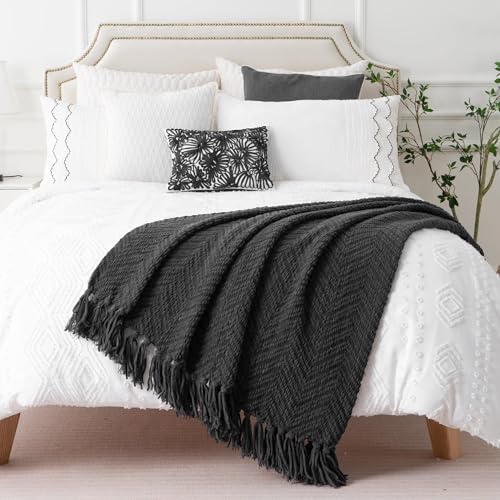 BATTILO HOME Dark Grey Throw Blanket for Couch, Knit Charcoal Throw Blanket Versatile for Chair, 60 x 80 Inch - Super Soft Warm Grey Blanket with Tassels for Bed, Sofa and Living Room - color: Grey, size: 60"x80"