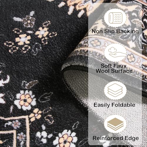 HOMORE 2x3 Area Rug Small Black Rugs for Bedroom, Washable Rug for Entryway, Non Slip Low Pile Indoor Door Mat for Entrance Small Kitchen Rugs Vintage Floral Rug for Living Room Dorm Decor - color: Black, size: 2' x 3' (Rectangular)