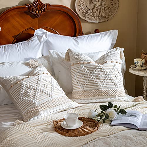 BlissBlush Cream White Boho Throw Pillow Cover 20X20, Boho Woven Textured Pillow Cover, Neutral Pillow Cover, Sofa Couch Bed Farmhouse Lumbar Pillow (Cover ONLY) - color: Cream, size: 20" x 20" (Pack of 1)