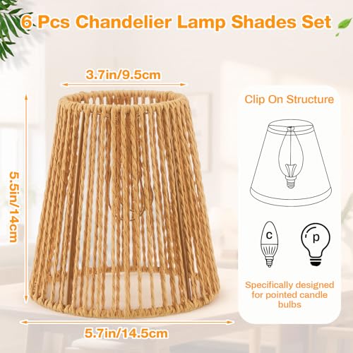 Riakrum 6 Pcs Chandelier Lamp Shades Set Small Lamp Shade for Pendant Wall Ceiling Lights Candle Bulbs Clip on Fitter Lampshade (Rattan,Brown) - color: Brown, size: Small - Rattan