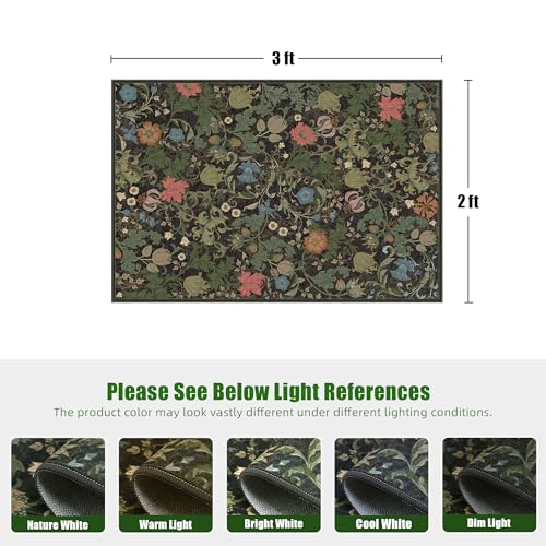 Washable Floral Area Rug 2x3, Vintage Farmhouse Botanical Rug, Non Slip Low Pile Thin Floor Soft Small Accent Rug for Entryway Bedroom Living Room Kitchen Doorway Stain Resistant Black Green - color: Black, size: 2'x3'