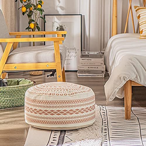 MOCOFO Unstuffed Round Pouf Cover, Boho Geometric Ottoman Footstool Cover with Handle, Decorative Floor Pillow & Storage Bean Bag for Living Room, Nursery, Patio(Red,18x18x8,Cover only) - color: Red