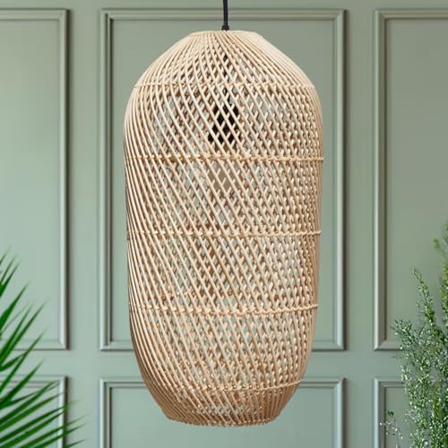 FOREVER BAMBOO Handcrafted Indonesian Natural Rattan Pendant Light Shade Wicker Light Fixtures Luxurious Cylinder Shape Woven Lampshade Chandelier Interior Decor, 21 in H x 10 in W - style: Flores Cylinder