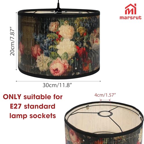 Retro Lamp Shade, E27 11.8"x7.9" Vintage Printed Art Deco Chandelier Cover Lampholder, Unique Drum Spider Japanese Tropical Funky Decorative Bamboo Lampshade for Hanging Table Floor Light (Flower) - color: Flower