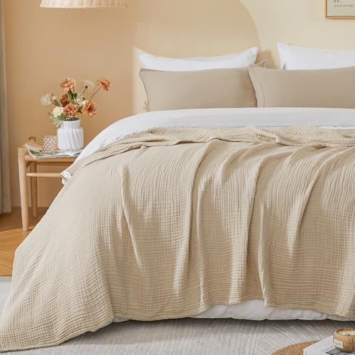 EMME Cotton Muslin Throw Blanket Couch Breathable Gauze Soft Lightweight Bed Blankets Adults (Heather Beige, 50"x60") - color: 03 - Beige, size: Throw (50" X 60")