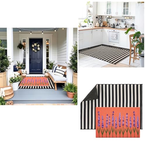 2 Pcs Door Mat Outside Entrance 24 x 32'' Lavender Floral Door Mat Outside and 32 x 43'' Black and White Striped Rug Non Slip Large Floor Layering Doormat for Front Porch Entryway Decor