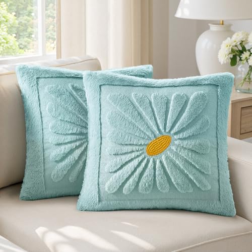 EMEMA Set of 2 Spring Summer Sunflower Floral Pillow Covers, Plush Faux Fur Decorative 18x18 Cushion Cases Adding a Soft, Bright Seasonal Accent to Sofa Couch Bed Modern Farmhouse Living Room, Blue - color: Light Blue, size: 18" x 18" (Pack of 2)