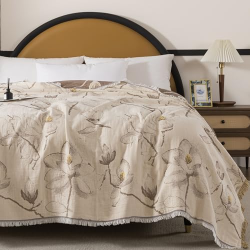 Lemfux 4-Layer 100% Cotton Muslin Cooling Blanket, Boho Floral Gauze Throw with Fringe, Ultra Soft Breathable Lightweight Bedspread Coverlet for Bed Sofa Couch - color: Magnolia Floral, size: 80"x90"