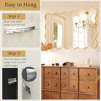 Kelly Miller 32x48 Inch Gold Scalloped Mirror, Large Rectangular Wavy Edge Bathroom Vanity Wall Mirror Decorative for Bedroom Living Room Entryway Fireplace Mantle - size: 48"L x 32"W