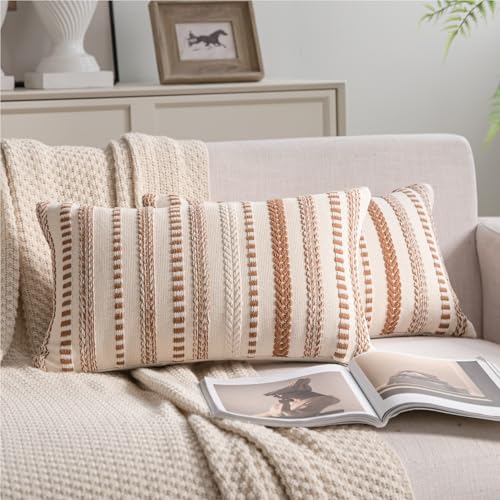Cethom Brown Boho Lumbar Throw Pillow Covers 12x20 Inch Set of 2, Stripe Textured Decorative Couch Pillow Cases for Bed, Sofa, Living Room, Bedroom, Farmhouse Home Accent Cushion Covers - color: Brown, size: 20" x 12" (Pack of 2)