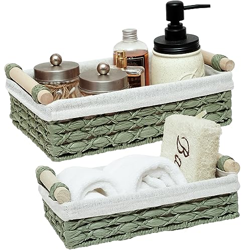 Storage Basket Wicker Baskets for Organizing with Handle Decorative Storage Bins for Countertop Toilet Paper Storage Basket for Toilet Tank Top Small Baskets Set (Set of 2,Green) - color: green