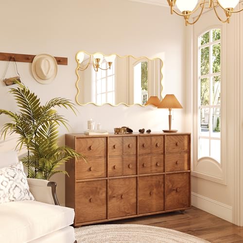 Kelly Miller 26x48 Inch Gold Scalloped Mirror, Large Rectangular Wavy Edge Bathroom Vanity Wall Mirror Decorative for Bedroom Living Room Entryway Fireplace Mantle - size: 48"L x 26"W
