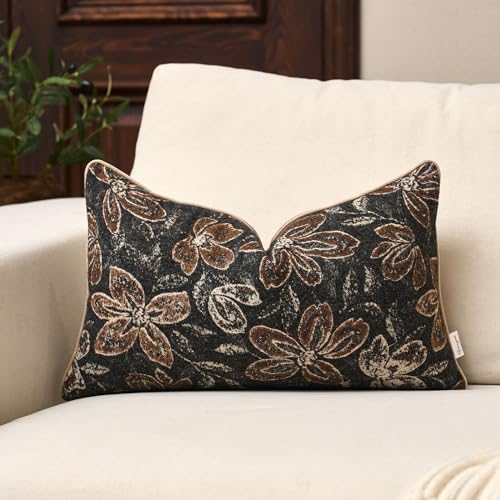 Yangest Flower Pillow Cover 12 x 20 Inches, Nature Chenille Rectangle Throw Pillow Cover Soft Luxury Neutral Accent Couch Pillow Cover for Living Room Bedroom, Black - color: Black, size: 20" x 12" (Pack of 1)