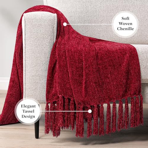PAVILIA Burgundy Red Chenille Throw Blanket for Couch Sofa, Soft Maroon Red Knit Throw with Tassel, Decorative Blanket for Bed Chair Living Room, Wine Red 50x60 - color: Red, size: 50 X 60 Inches - Throw