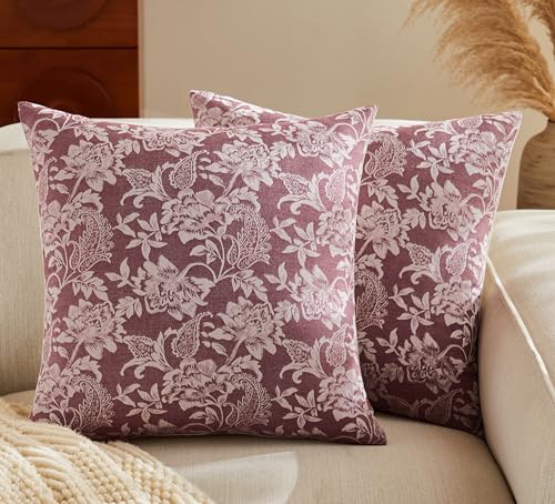 Floral Jacquard Throw Pillow Covers Set of 2, Background/Burgundy 24x24 Inch, Farmhouse Decorative Cotton Burgundy Cushion Covers for Sofa Bed Living Room Home Decor - color: Background/Burgundy, size: 24" x 24" (Pack of 2)