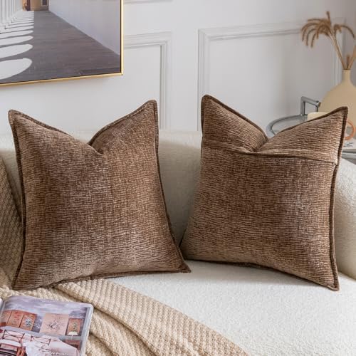 MADIZZ Pack of 2 Decorative Throw Pillow Covers Soft Chenille Throw Pillows Solid Textured Cushion Covers for Couch Sofa Bedroom Living Room 20x20 Inch, Brown - color: Brown, size: 20" x 20" (Pack of 2)