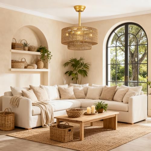 Boho Ceiling Fan with Light: 4-Lights Hand Woven Rattan Chandelier with DC Reversible,6 Speeds, 3CCT - Farmhouse Caged Ceiling Fan for Bedroom,Living Room,Kitchen,Nursery,Island
