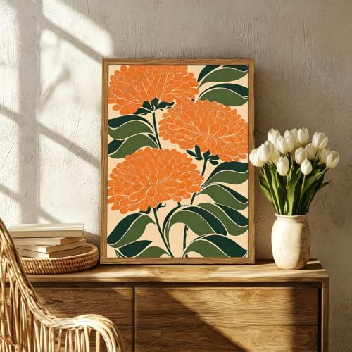 Framed Boho Floral Wall Art, Vintage Orange Flower Canvas Wall Decor Pictures, Mid Century Modern Abstract Botanical Paintings Prints Maximalist Home Decor for living Room Bedroom Office 16x24 inch - color: Orange Flower, size: 24"L x 16"W