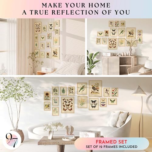 97 Decor FRAMED Vintage Botanical Wall Art Decor - Large Plant Posters For Room Aesthetic, Vintage Botanical Prints Nature Wall Decor, Floral Pictures Butterfly Bird Art For Home Bedroom (BEIGE FRAME) - size: FRAMED