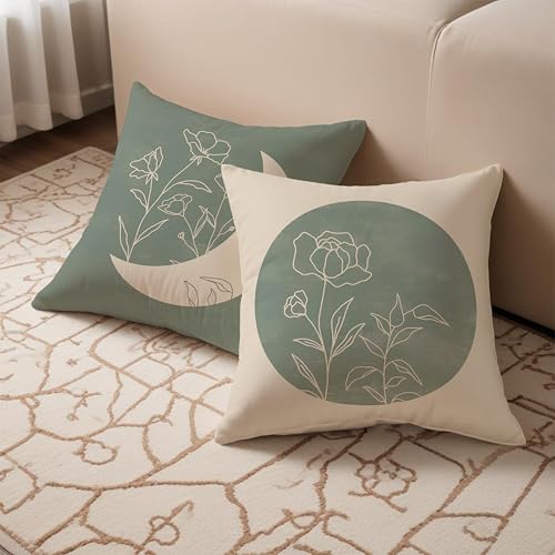 Boho Sage Green Floral Plant Pillow Covers 18x18 Set of 2, Sun and Moon Decorative Pillow Covers for Couches and Sofas, Line Plant Pillow Covers, Abstract Boho Throw Pillow Covers - color: Sunandmoon-02